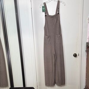 Ribbed Knit Wide-Leg Overalls in Taupe